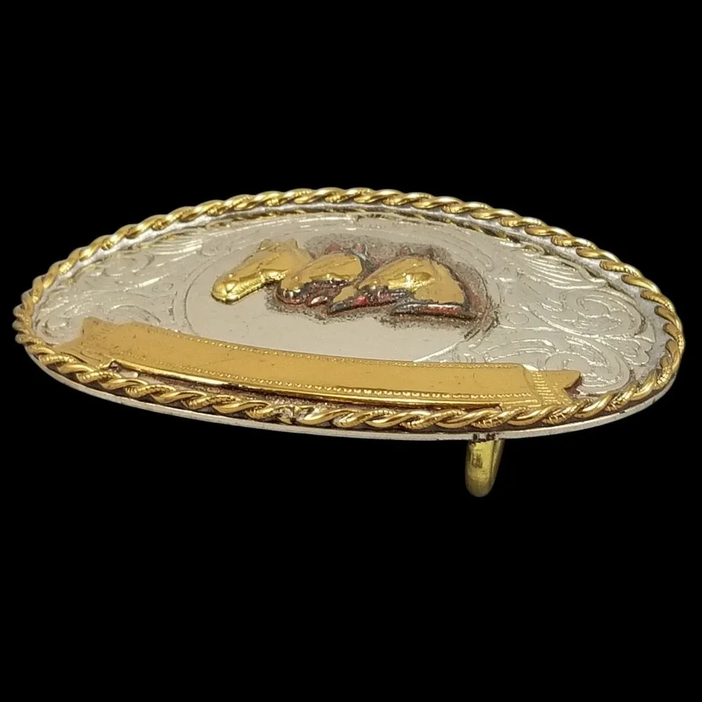 Western‎ Belt Buckle German Silver Engraved Three Horses Gold Banner USA Made